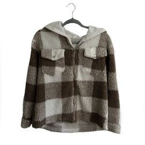 White and Tan Plaid Teddy Fur Hooded Jacket